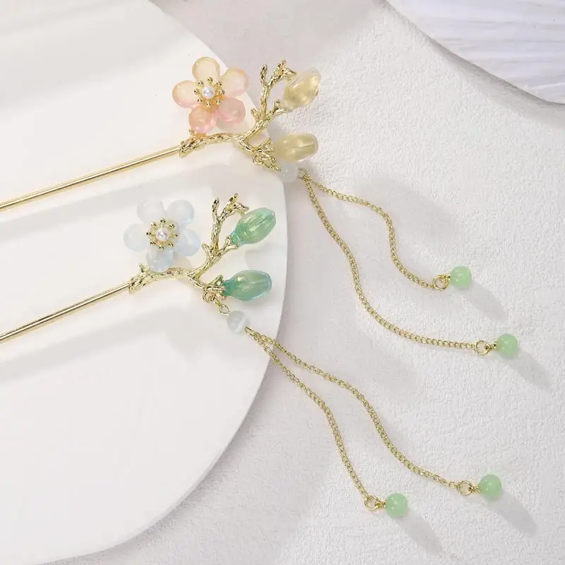 

Шпилька для волос с кисточками из прозрачного стекла в сказочном стиле, цветок в античном стиле, спиральная шпилька для волос, украшения для волос в стиле Ципао ханьфу