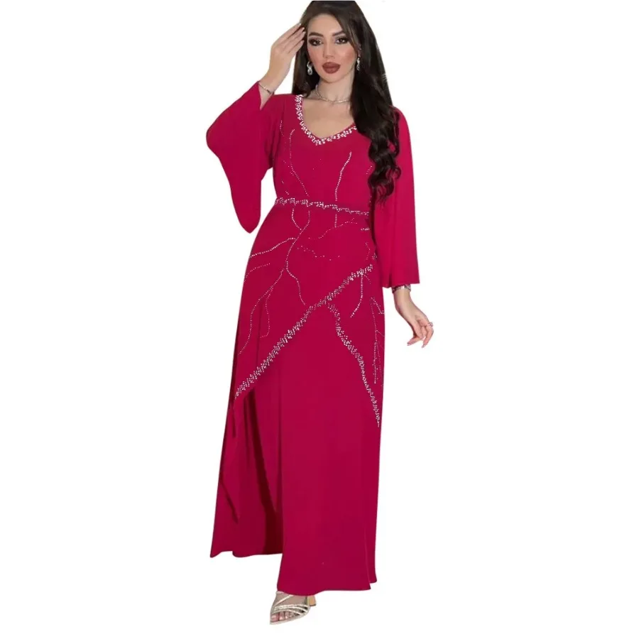 Vestido muçulmano com cinto para mulheres, vestido de chiffon, diamantes brilhantes, abaya estampado, decote em v, jalabiya, robe kaftan, moda árabe