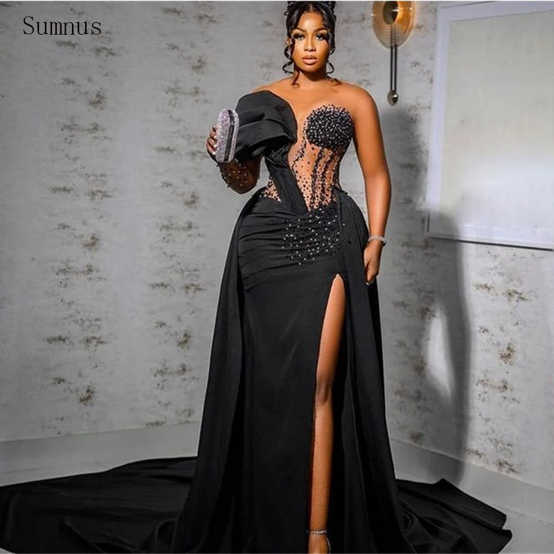 

Sumnus Sexy Black Prom Dresses Beadings Mermaid Stain Leg Slit One Shoulder Evening Dresses Robes De Soirée 2022 Party Grown