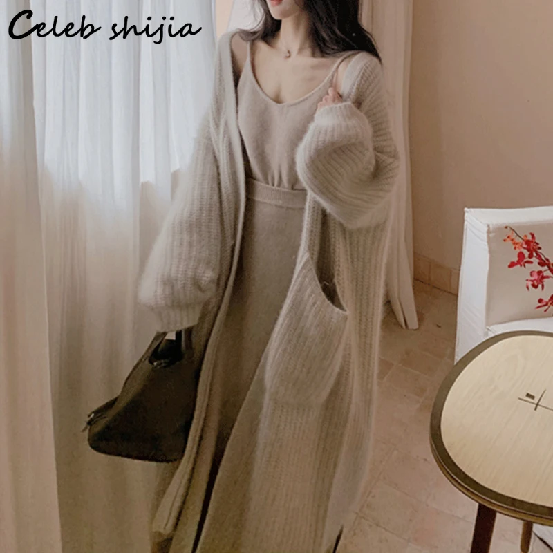 

Женский длинный кардиган с карманами, бежевый Кардиган большого размера в Корейском стиле, одежда для улицы на осень и зиму, 2023