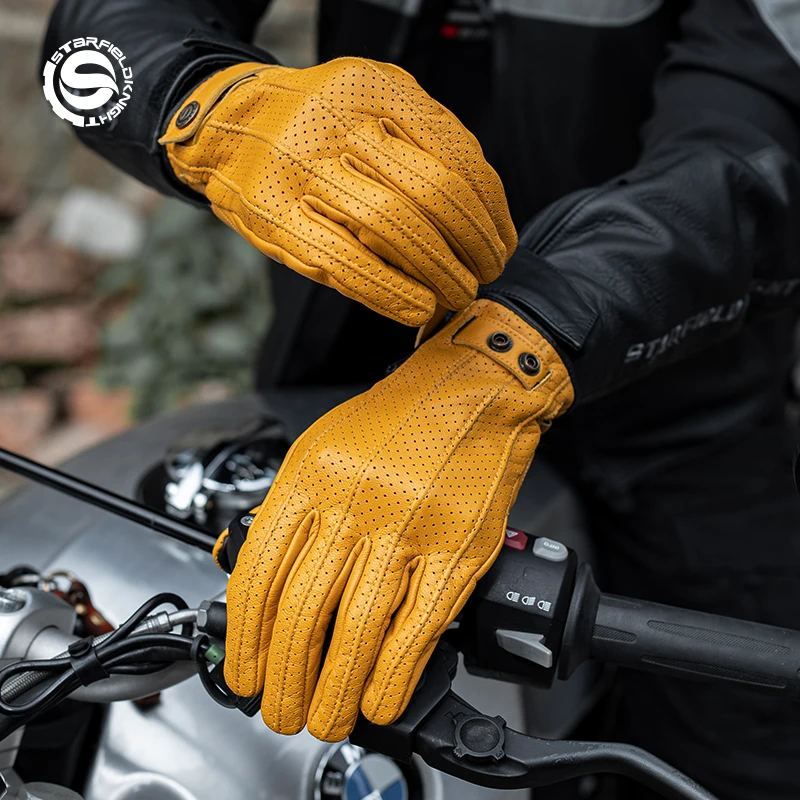 Retro Yellow Goatskin Motorcycle Gloves Full Finger Leather Motocross ...