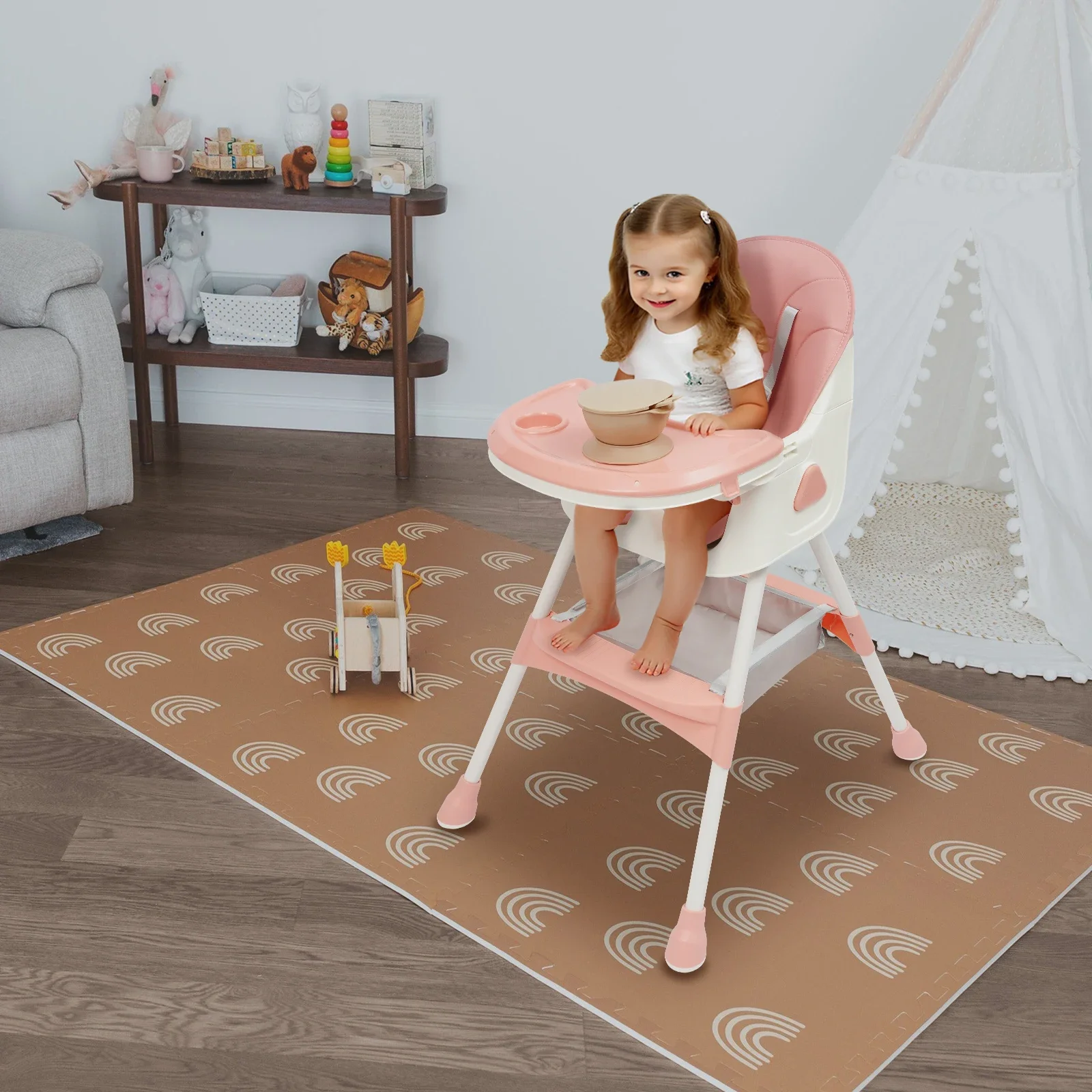 2-in-1 klappbarer Baby-Esszimmerstuhl mit Besteck, rosa Kinder-Hochstuhl für Babys, faltbarer Esszimmerstuhl mit Höhenverstellung für Zuhause – Detail 1
