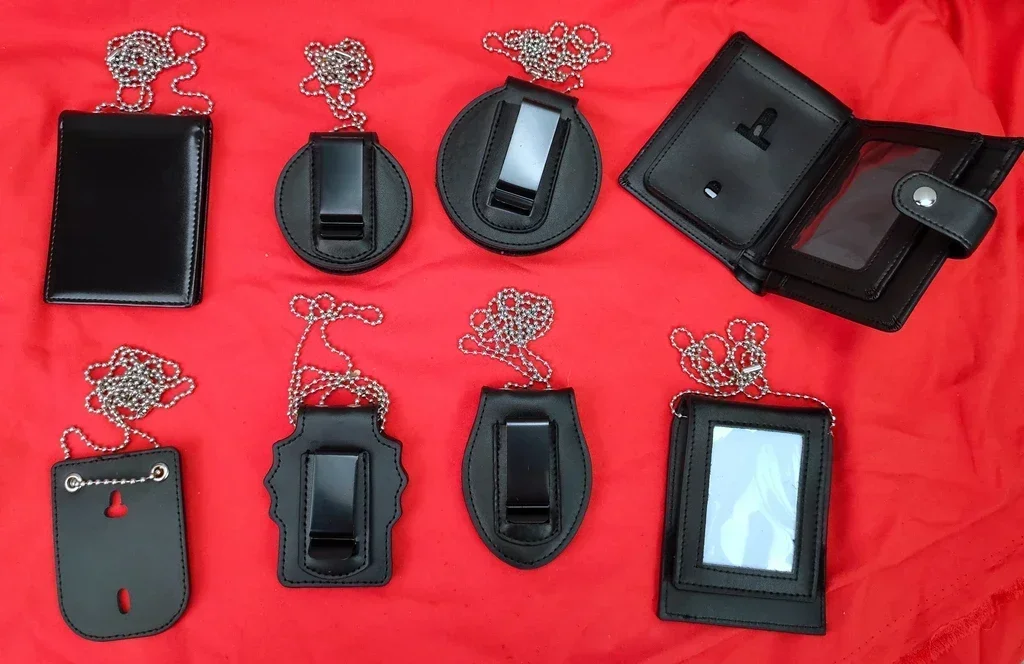WANG1.FULL SET Us Police Badge Round Holder Leather Belt Clip BLACK Us Badge Holder Chains Pendant