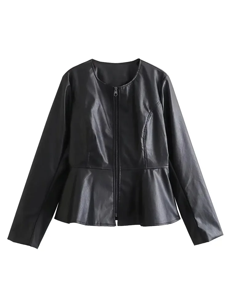

HH TRAF Autumn Women Fashion Faux Leather Jacket Casual O-neck Zipper Jackets Female Ruffled Slim Coat Long Sleeve Outerwear