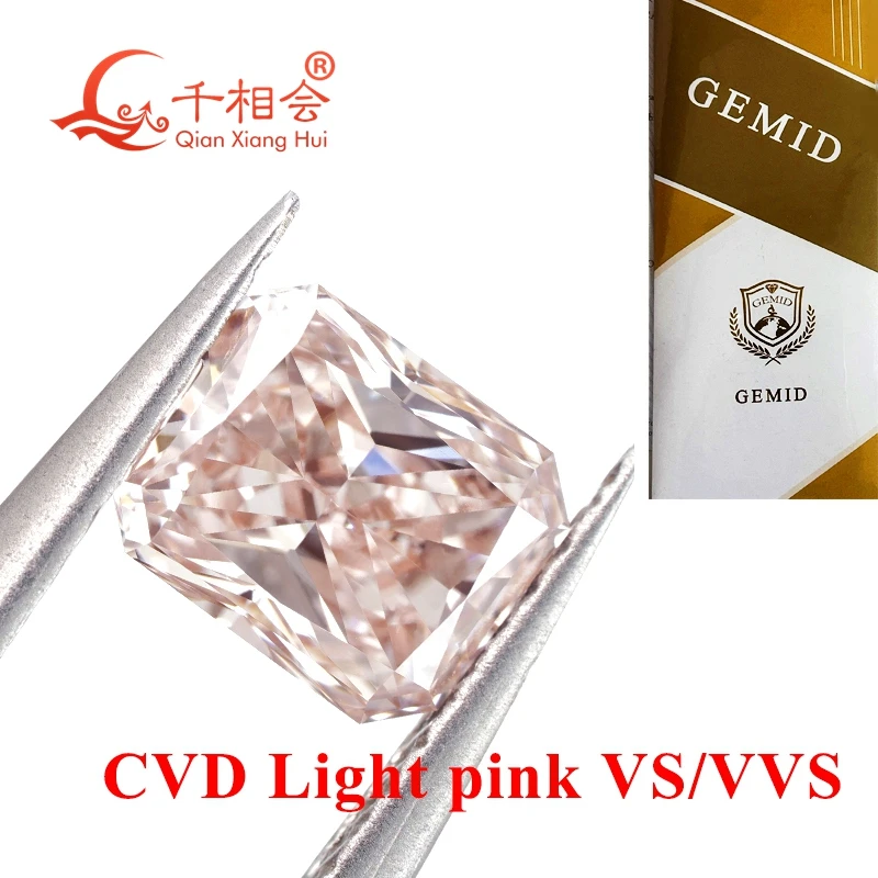 1ct fancy light pink brown CVD lab-grown diamond radiant cut, VS1 clarity, GEMID-certified, perfect for elegant jewelry designs.
