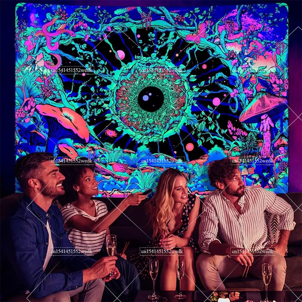 Blacklight Mushroom Tapestry UV Reactive Hippie Eye Butterfly Snake Neon Tapestrys Floral Plants Black Light Wall Tapestry