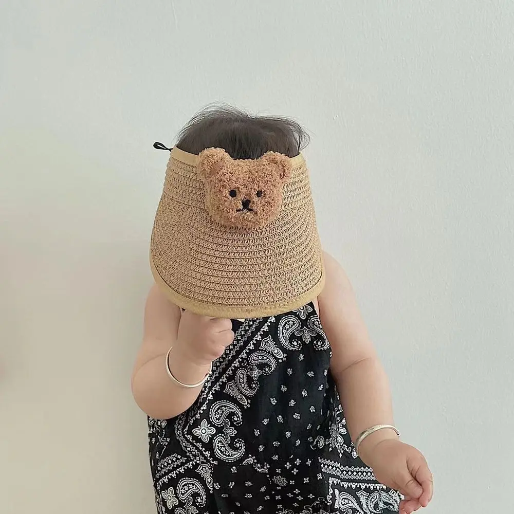 

Lovely Beach Hat UV Protection Wide Brim Plush Bear Summer Kids Straw Hat Korean Style Cap Empty Top Hat Children Sun Visor Hat