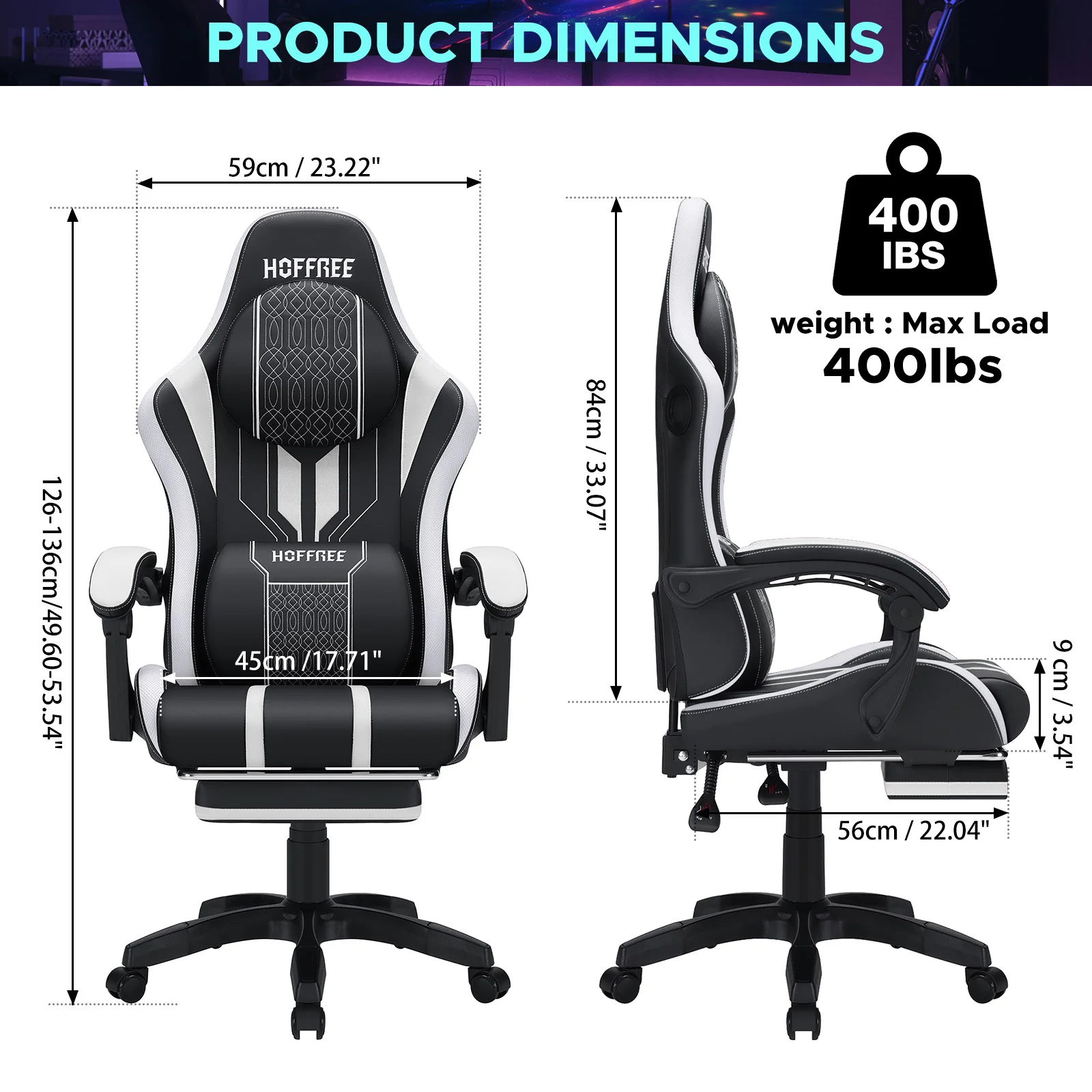 Ergonomic RGB Massage Gaming Chair w/ bluetooth Speakers Footrest Office Chair 4
