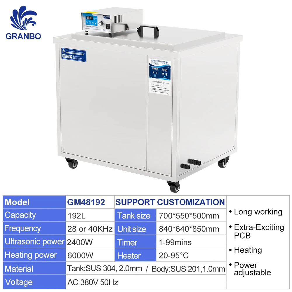 Granbo Industrial Ultrasonic Tank 192L 28KHz Ultimate Efficiency 2400W DPF Engines Auto Parts Cleaning