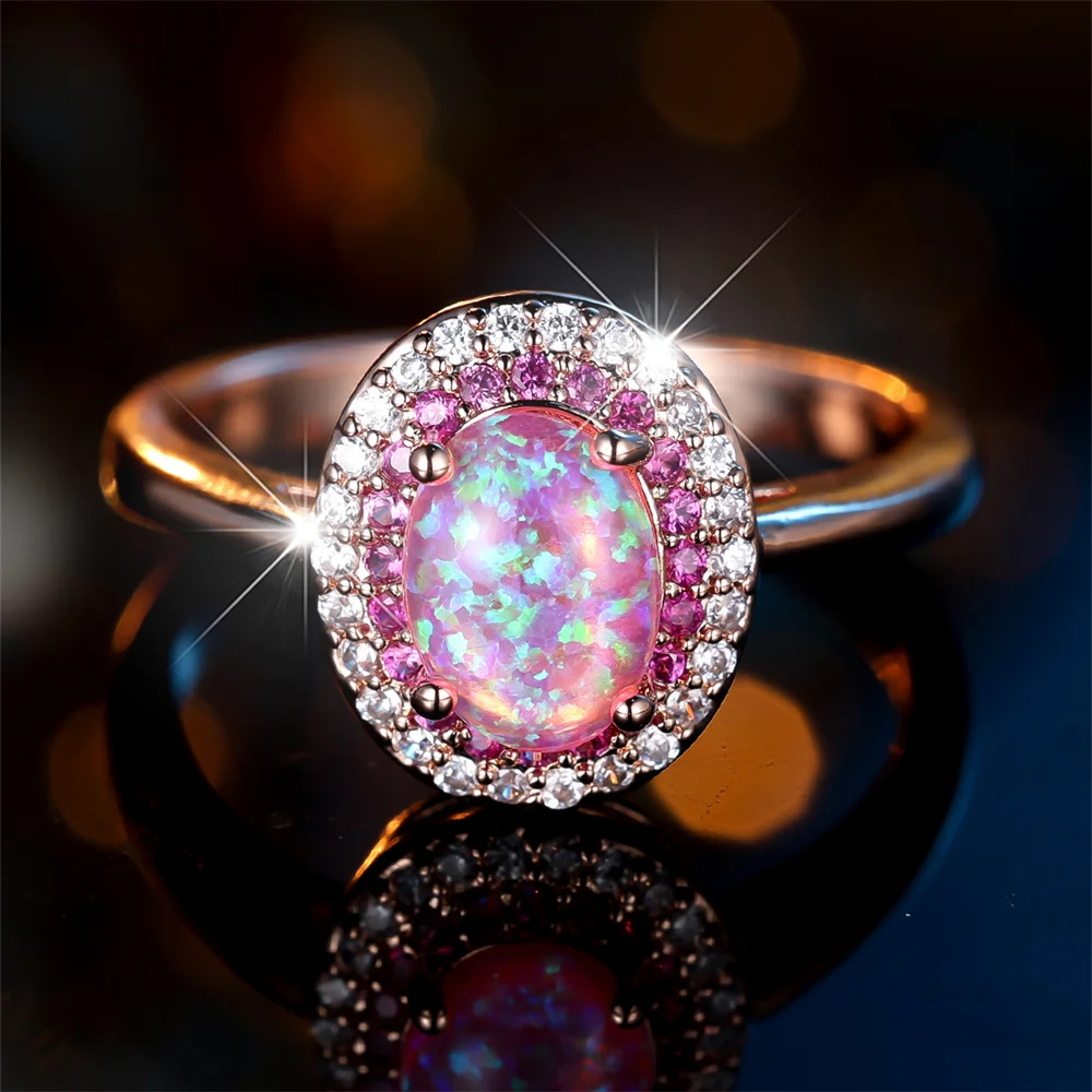 Big Oval Stone Elegant Pink Opal Rings For Women Vintage Rose Gold Color Engagement Promise Bands Wedding Jewelry Bridal Gifts