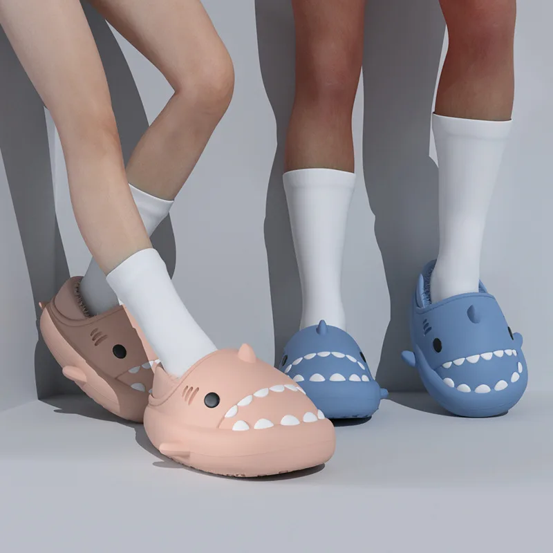 New Shark Slippers Women Men Winter Warm Plush Cartoon Shark Slides Home Furry Flats Outdoor Platform Waterproof Cotton Shoes 3