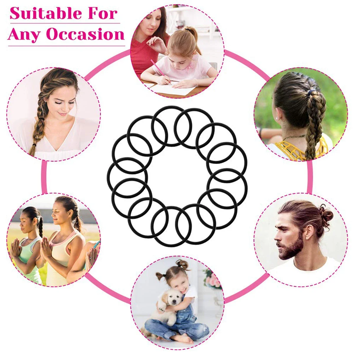 Multiple black elastic hair ties stacked