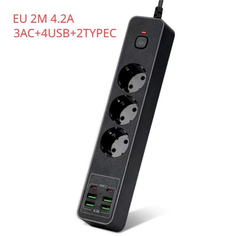 

2 M EU Power Strip with 3 Way AC Socket 4 USB and 2 Type C Quick Charger Port Home Control Switch and Overload Protector
