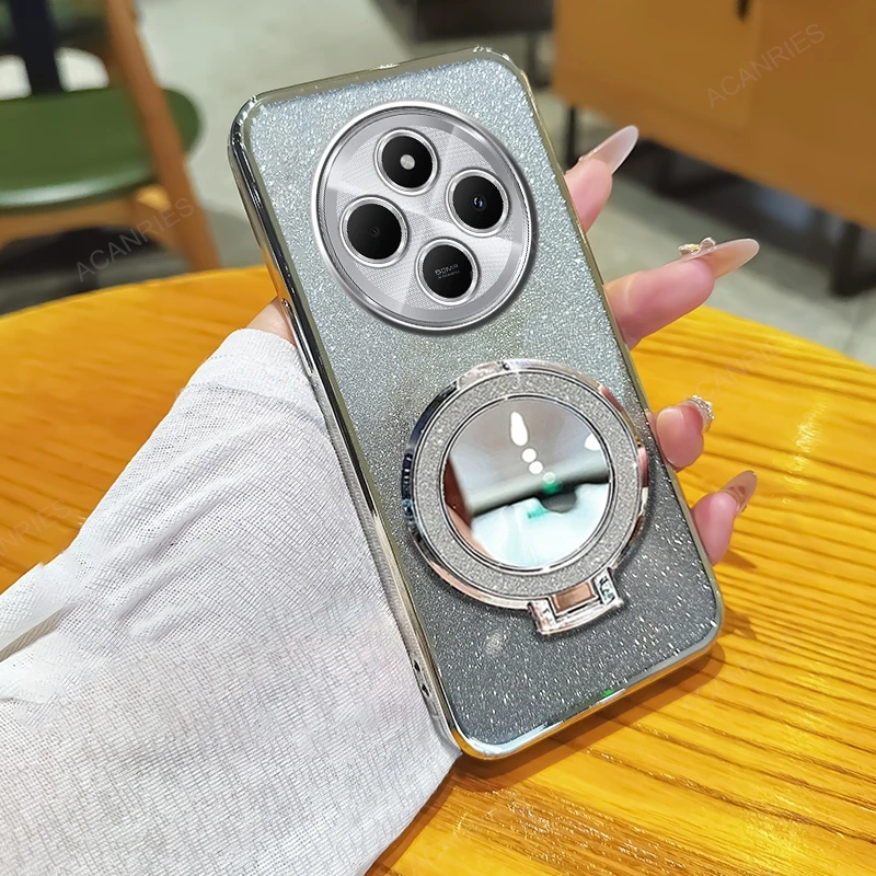 Glitter Plating Silicone Soft Case with Makeup Mirror Stand Cover