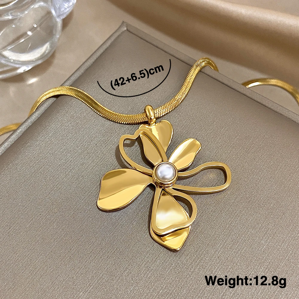 Trendy Hollow Flower Pearl Pendant Necklace for Women Elegant Gold Plated Stainless Steel Floral Neck Chain Jewelry Gifts - Image 6