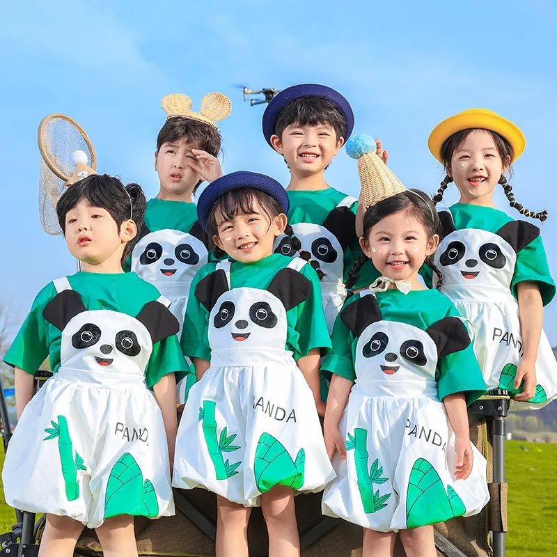 

Kid Hip Hop Clothing Cute Panda Bib Shorts Overalls Romper Green T Shirt for Girl Boy Kindergarten Perform Dance Costume Clothes