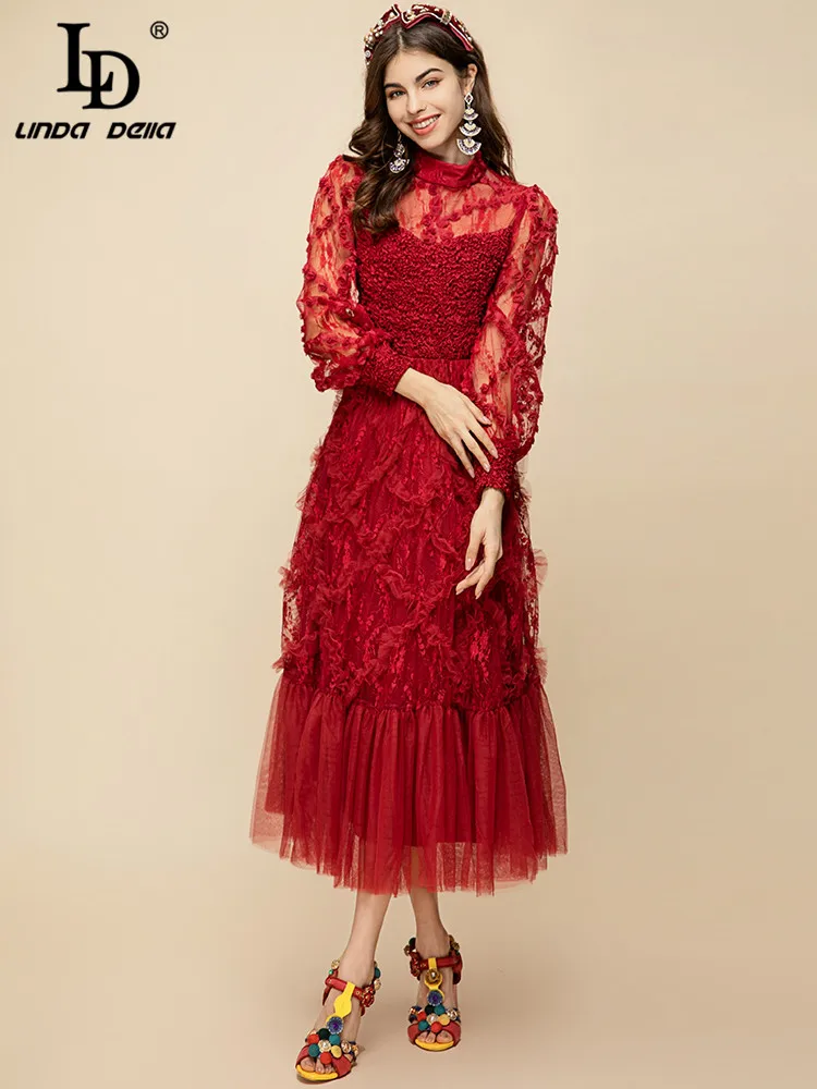 

LD LINDA DELLA Runway Designer Summer Dress Mesh Lantern Sleeve Lace Ruffle Trim-hem High Waist Big swing Red Party Long Dress