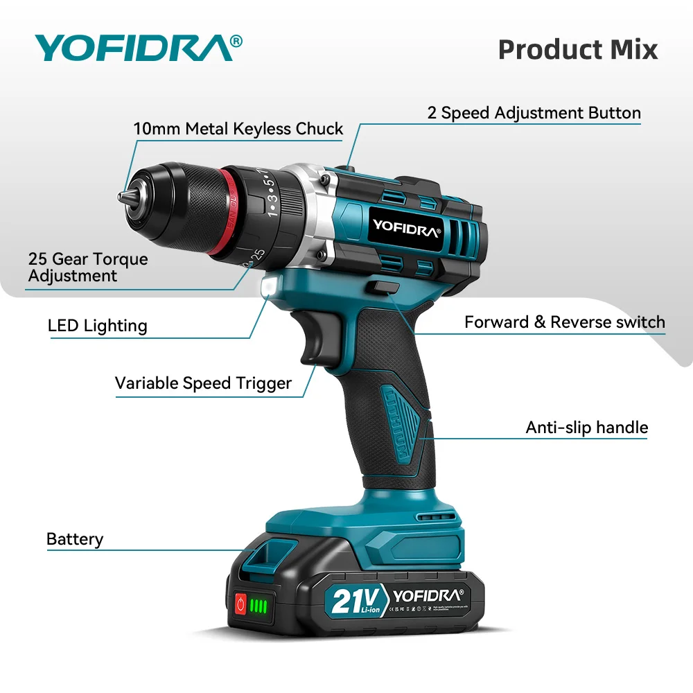 YOFIDRA 25+3 Drehmoment Elektrischer Schlagbohrer Handgeführter Kabelloser 3-in-1 Schlagbohrer Holzbearbeitungs-Elektrowerkzeug für Makita 21V Akku – Detail 11
