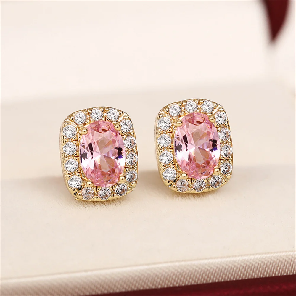 Female Cute Small White Pink Zircon Stone Stud Earrings Vintage Gold Color Wedding Party Gift Jewelry For Women
