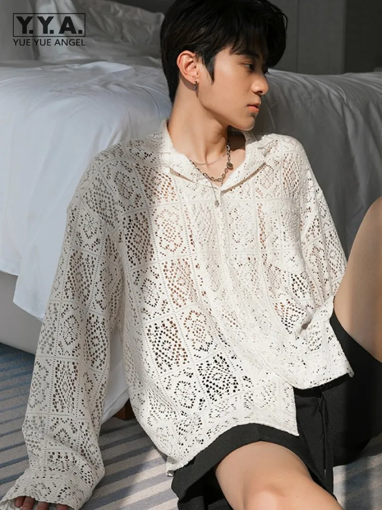 

Spring Summer Hollow Out Design Mens Shirt High Street Loose Solid Color Harajuku Casual Tops Single Breasted Fashion Shirts