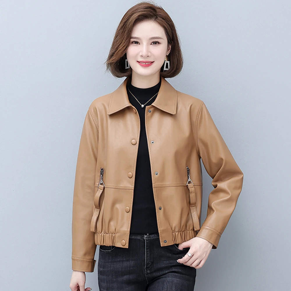 New Women Leather Jacket Autumn Winter Fashion Casual Turn-down Collar Plus Cotton Liner Short Sheepskin Coat Slim Outerwear autumn new men camouflage denim jacket army green turn down collar slim camo jean jacket for man trucker jackets outerwear coat