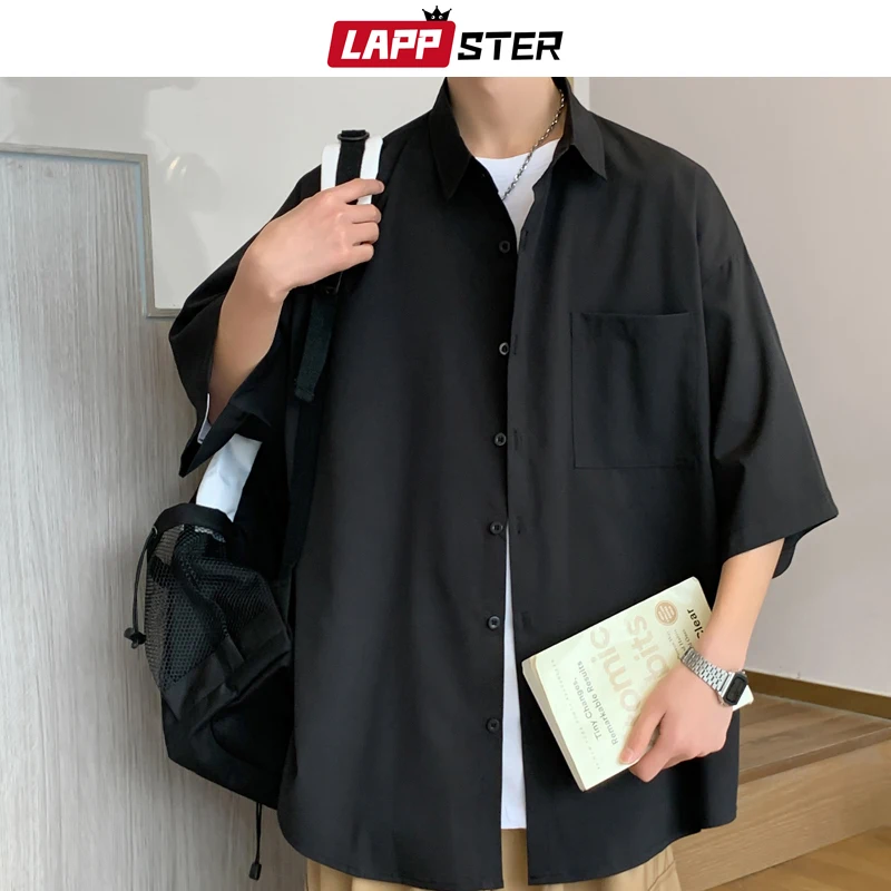 LAPPSTER Ice Solid Korean Pockets Shirts Blouses Summer Smooth Short Sleeve Shirt Japanese Streetwear Oversize Cargo Shirts casual short sleeved shirt,short sleeved shirt