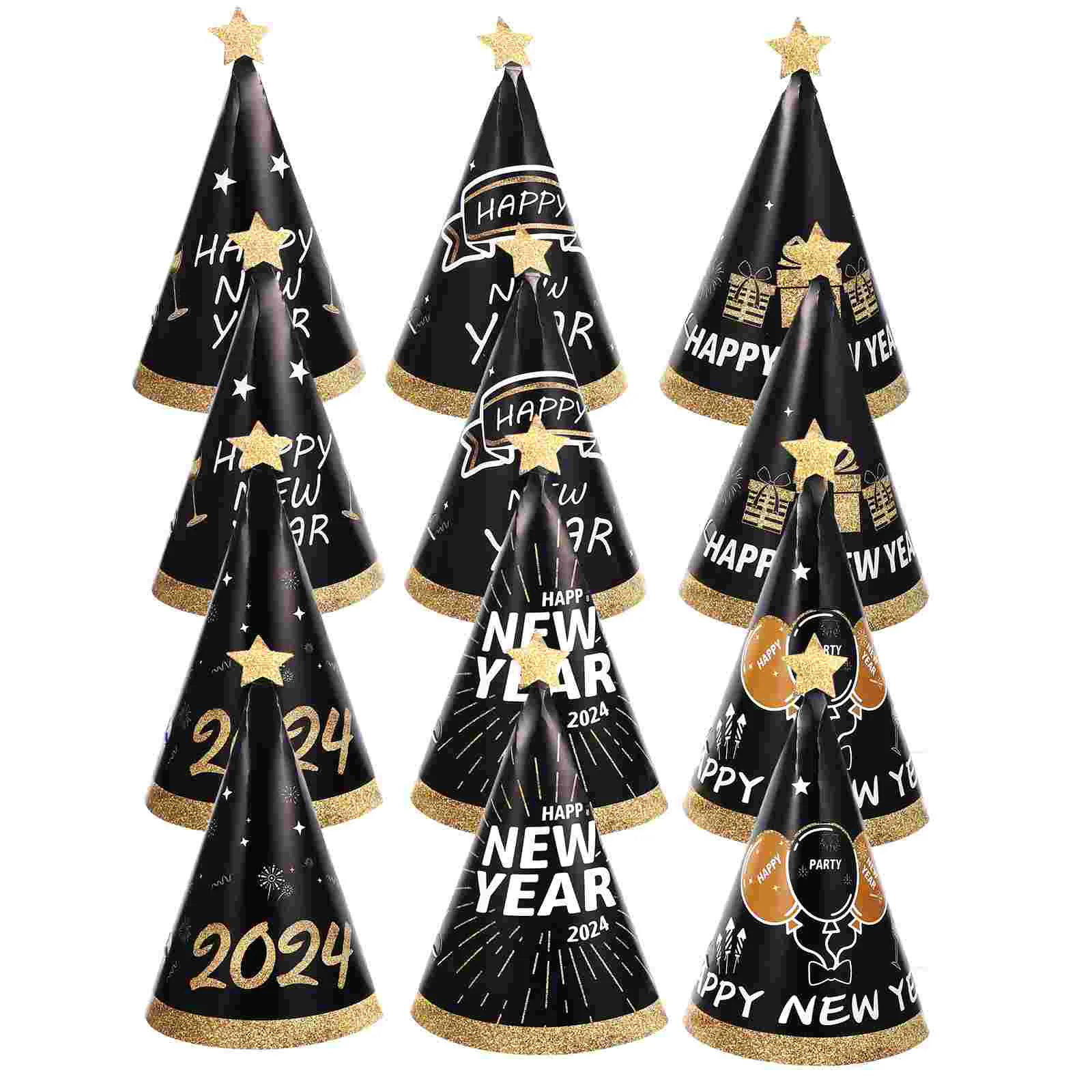 

2024 Happy New Year Hats 12Pcs New Years Paper Cone Hats 3D Black Party Hats New Years Eve Party Birthday Party Photo