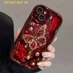 Luxury Cream Wavy Protective Phone Case with Diamond Butterfly Rose Design - iPhone 15 Plus (JU - T5050)