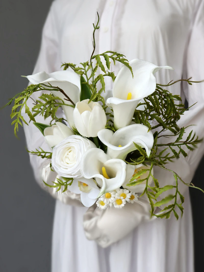 Boque de Noiva 2022 PU Real Touch Big size Calla Lilies Ivory Wedding Bouquet for Bride Rose Orchid ramo de flores para novia