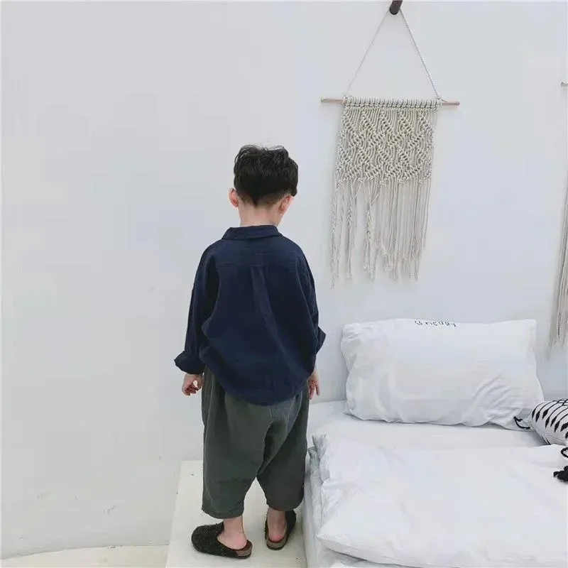 봄과 가을 소년 셔츠 일본 스타일 레트로 긴 소매 폴로 칼라 코튼 린넨 셔츠 어린이 베이비 탑 아우터 코트