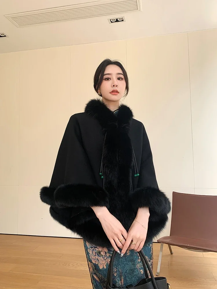 Wool Tweed Jacket Women Clothes Retro Buckle Fringe Shawl Cape Fox Fur Collar Chinese Style Solid Lace Up Warm Outer Wear Winter