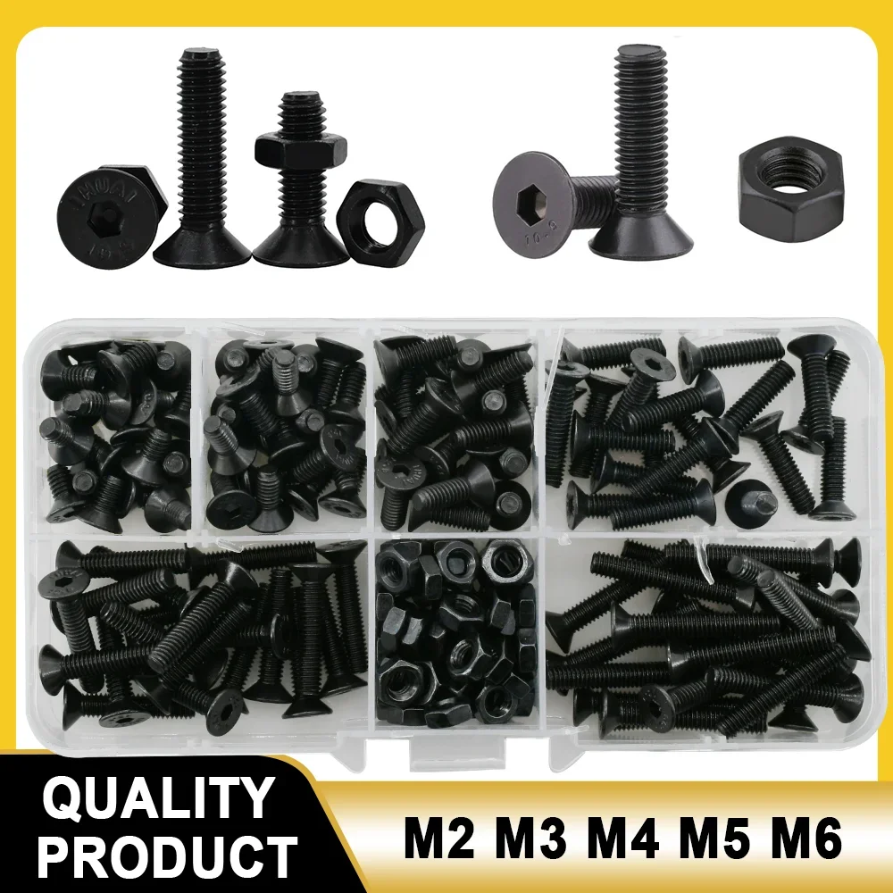 DIN7991 Countersunk Flat Head Hex Bolt Nut Set Kit M2 M3 M4 M5 M6 Black Grade 10.9 Steel Hex Hexagon Socket Flat Head Screw