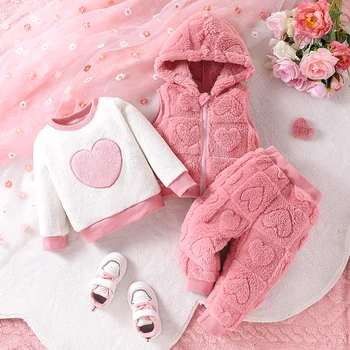 Baby Girl 3PCS Jacquard Love Plush Hooded Vest + Top + Pants Set 1