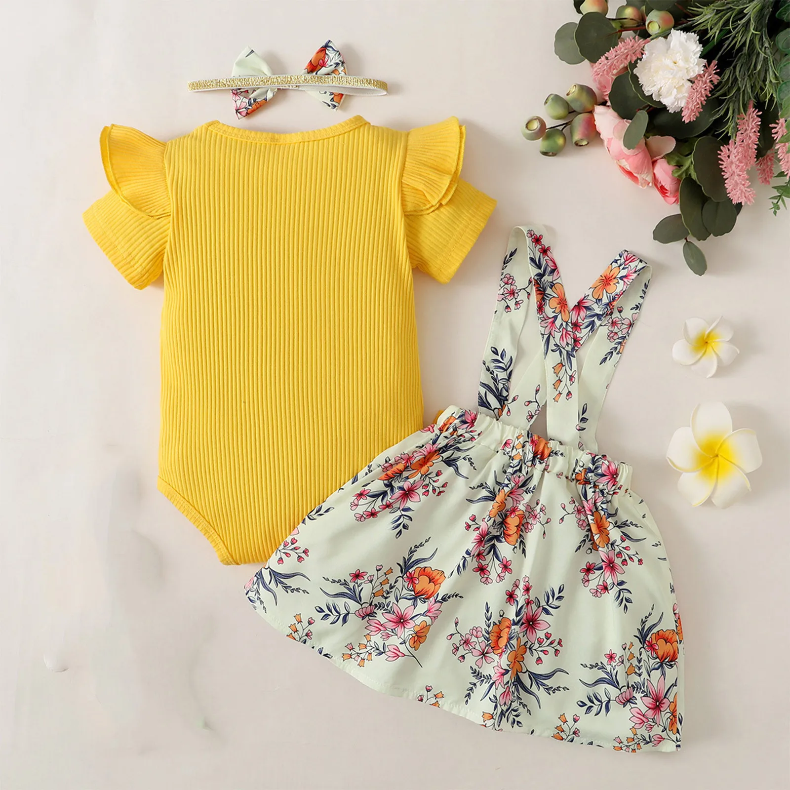 3pcs Newborn Baby Girls Clothes Sets Summer Short Sleeve Romper Bodysuit Top Floral Skirts 3 6 9 12 24 Months Headband Outfits 3