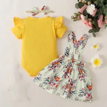 3pcs Newborn Baby Girls Clothes Sets Summer Short Sleeve Romper Bodysuit Top Floral Skirts 3 6 9 12 24 Months Headband Outfits 3