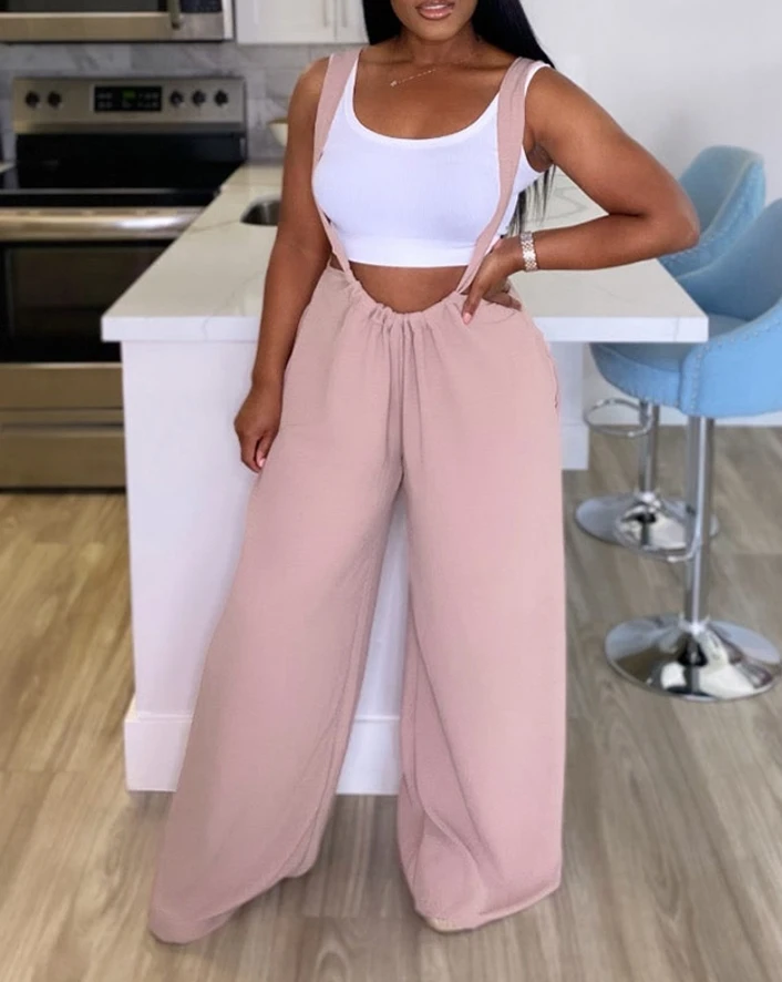Women's Overall Daily Casual Summer Fashion Solid Color Drawstring Tie Details Ruched High Waist Wide Leg Suspender Jumpsuit
