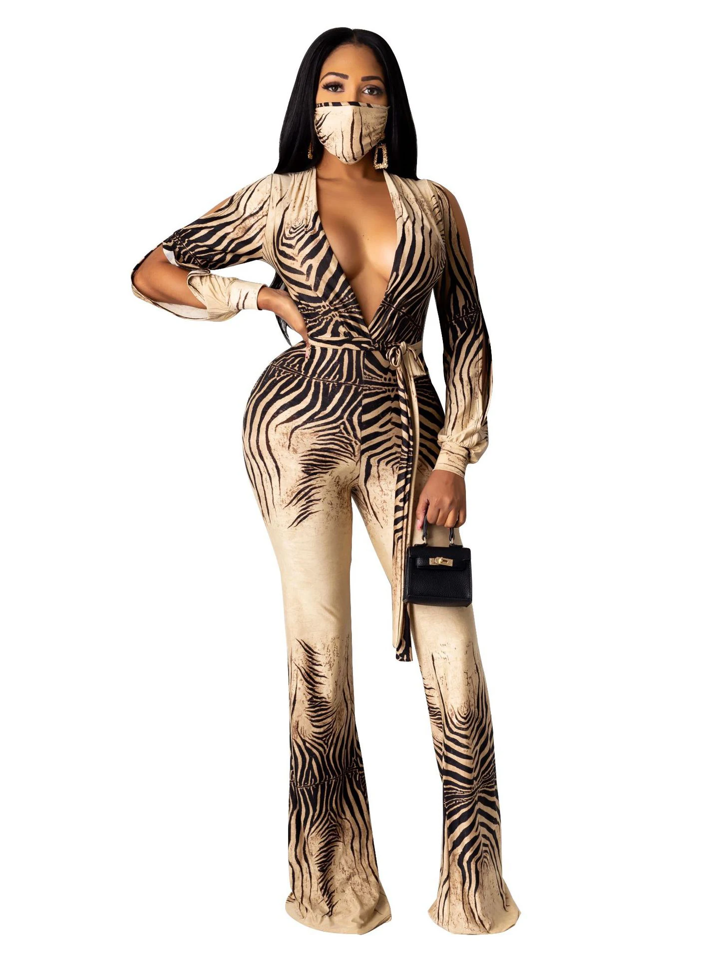 

Szkzk Zebra Stripes Hollow Out Long Sleeve Deep V-Neck Flare Jumpsuits Waist Tie Women Sexy Party Romper Night Clubwear Jumpsuit