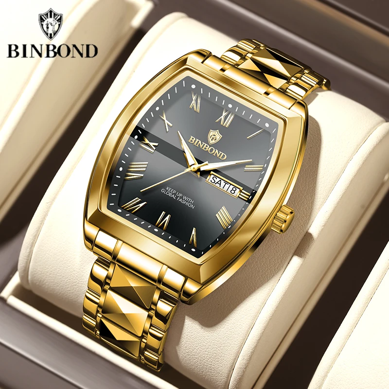 BINBOND B355 Stainless Steel Men Watch Top Quailty Luxury Push Button Hidden Clasp Waterproof Luminous Date Week Sport Men Watch 2