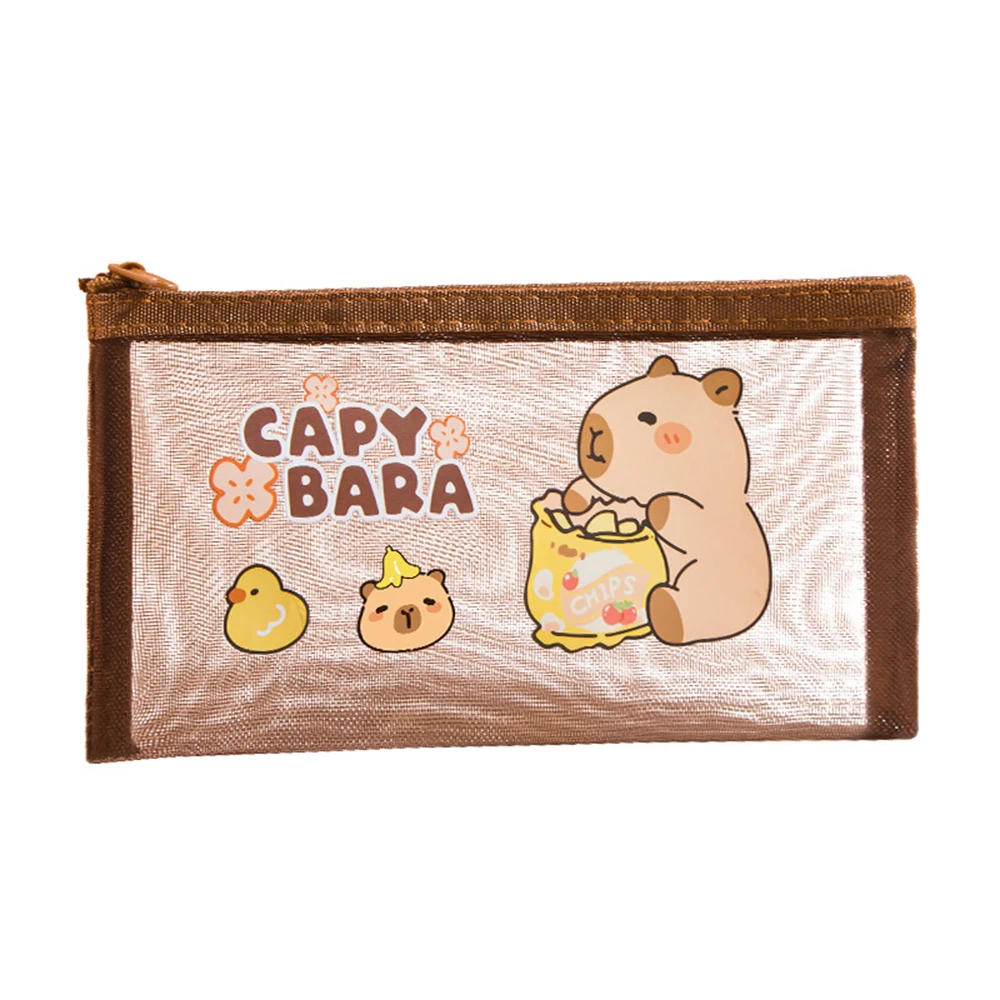 Cartoon Mesh Capybara Cosmetic Bag Large Capacity Transparent Pencil Bag Case Portable Travel Organizer Stationery Storage Pouch