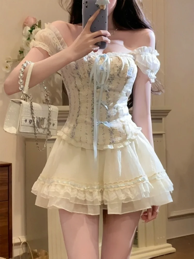 Y2K Two-piece Skirt Set Off Shoulder Square Collar Lace-up Cropped Top A-line Mini Skirt Sweet Summer New Slim Princess Outfits