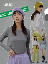 

UIUC Korean Style Basic Woman Long Sleeve T-shirts 2022 Spring New Style Crop Tees for Teens Girls Solid Crew Neck Tees
