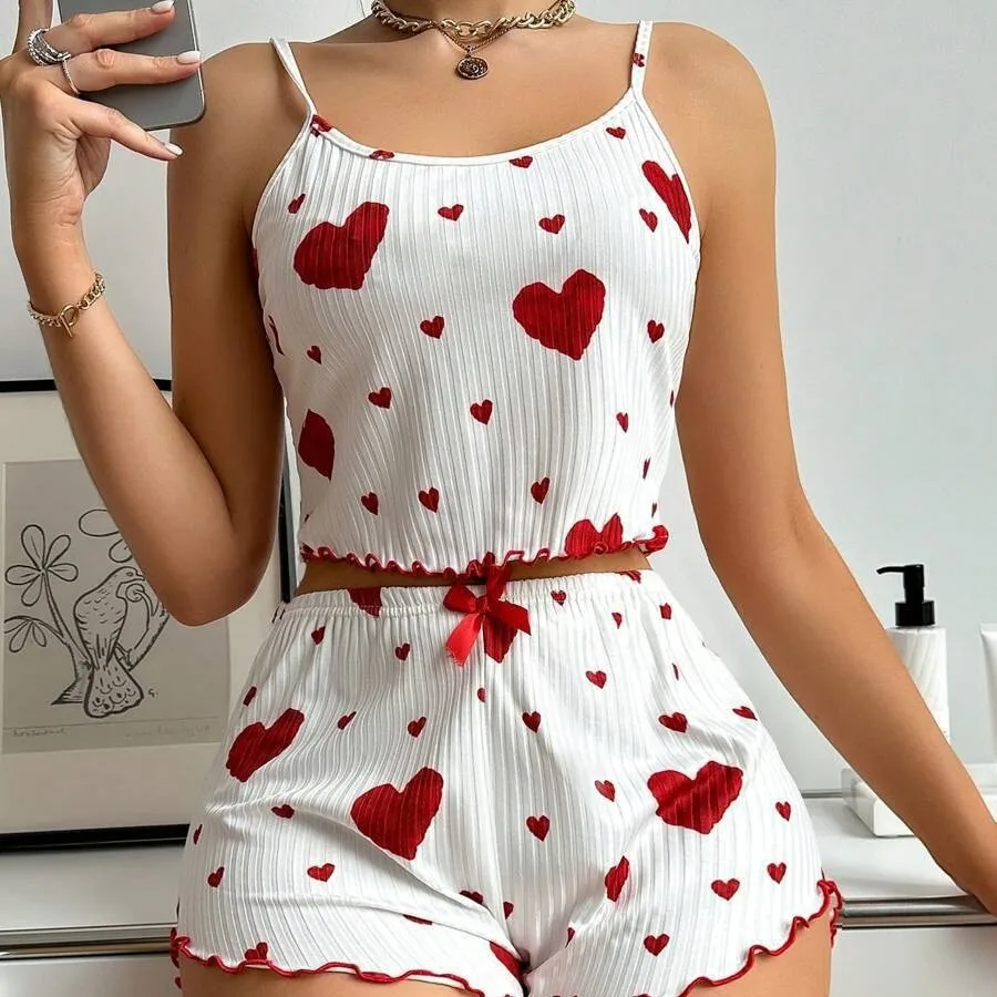 2 Pcs Women's Pajamas Set,Casual Sleepwear Printed Shorts Tank Tops And Shorts White Ventilate Soft Casual Love Printing Suits
