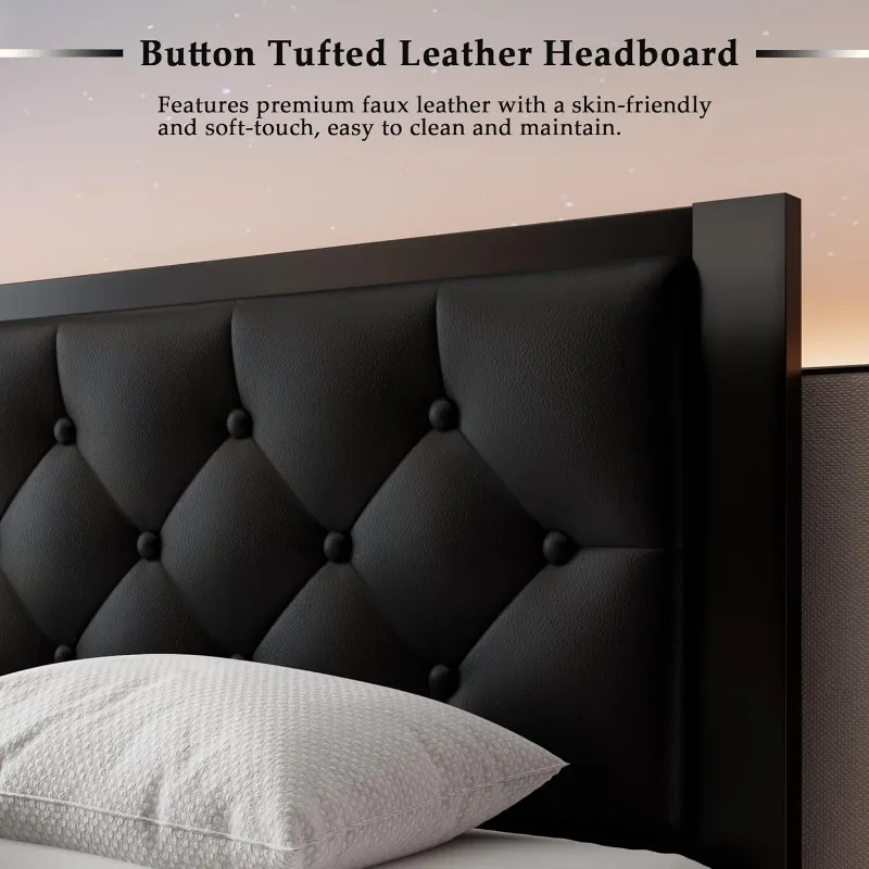 Twin Size Metal Bed Frame with Faux Leather Button Tufted Headboard, Heavy-Duty Platform Bed Frame with 12" Storage, Steel Slats 4