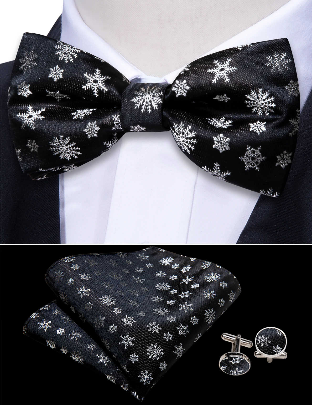 Barry.Wang Adjustable Christmas Silk Men Cummerbund Bowtie Pocket Square Cufflinks Set Jacquard Snow Santa Xmas Tree Luxury Gift