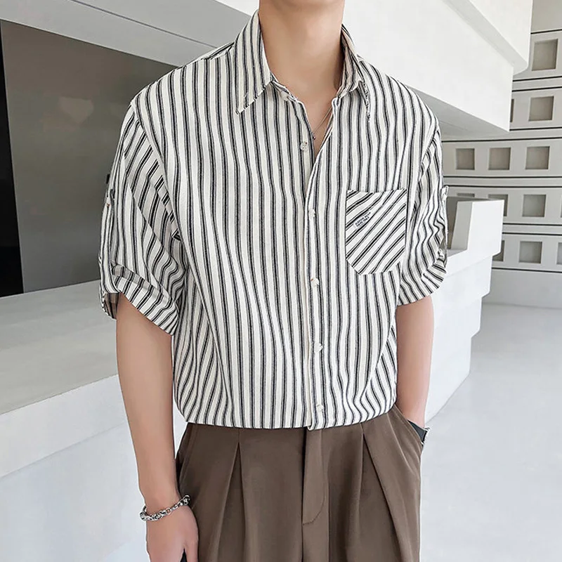 

Summer Short Sleeve Striped Shirts for Men Casual Single Pocket Business Work Buttons Social Chemise Homme Streetwear Plus Size