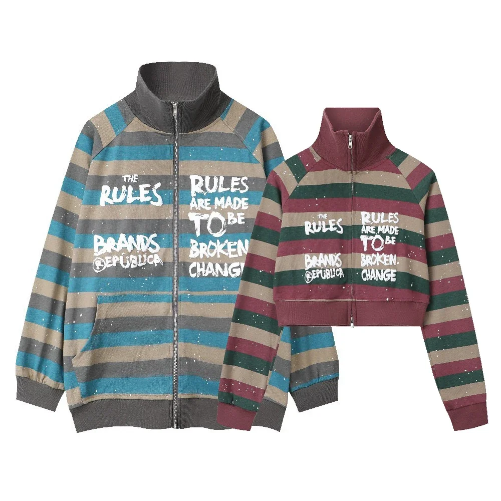 

Turtle-neck Matching Family Oversized Zip Up Kangaroo Winter Clothes Sweatshirts Coats for Women Men Vintage Loose Striped 2023