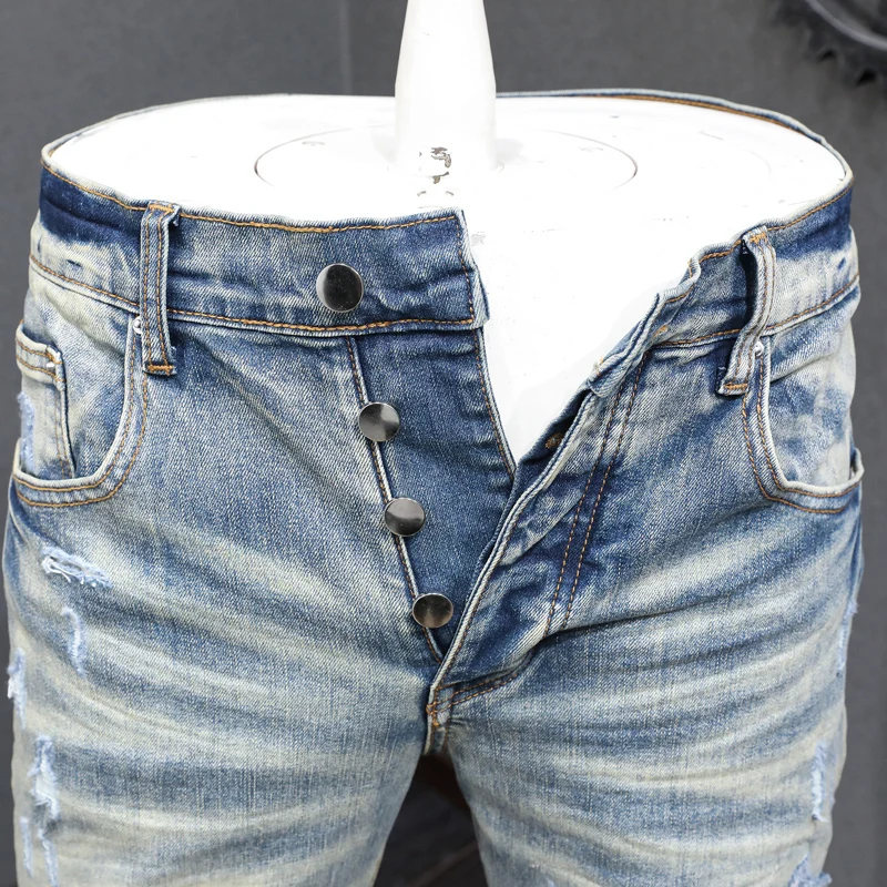 Latest Street Fashion Men's Jeans Vintage Washed Blue Elastic Slim Fit Split Jeans Men's Pink Leather Panel Designer Hip Hop Hig