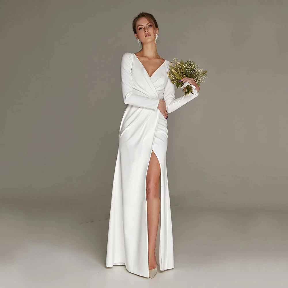 

2024 Elegant Civil Wedding Dress V Neck Floor Length White Side Slit Bridal Gown For Bride Lawn Engagement Party Vestidos Novia