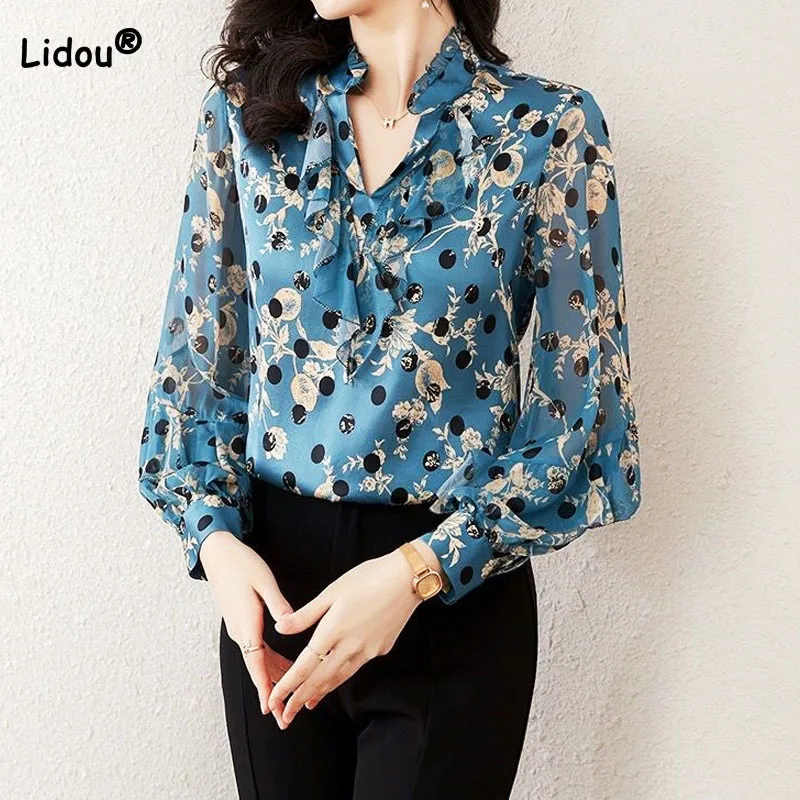 Fashion Elegant Women's Printed Chiffon Pullovers Shirt 2023 Korean Ruffles Spliced V-Neck Temperament Blouse Female Clothing 2023 summer new casual fashion daily temperament commuting sling style floral print cowl neck layered ruffles romper for women