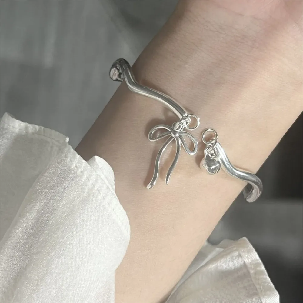 Silver Color Bell Bowknot Cuff Bangle for Women Niche Simple Fashion Blacelet Party Jewelry Gifts pulseras mujer